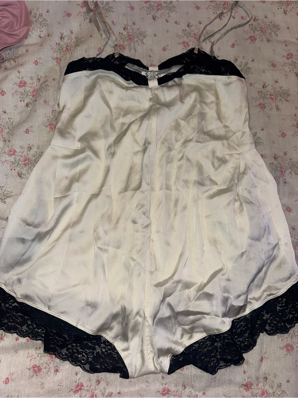 Free People Ivory Satin Chemise with Black Lace Trim
